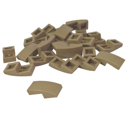 LEGO Curved Slope 2 x 1 x 2/3 part 11477 shown from top and underside dark tan