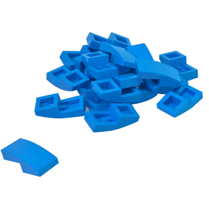 LEGO Curved Slope 2 x 1 x 2/3 part 11477 shown from top and underside dark azure