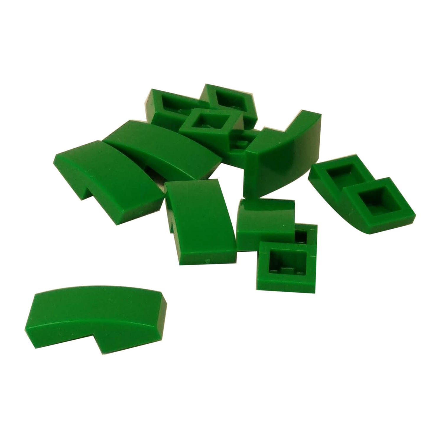 LEGO Curved Slope 2 x 1 x 2/3 part 11477 shown from top and underside green