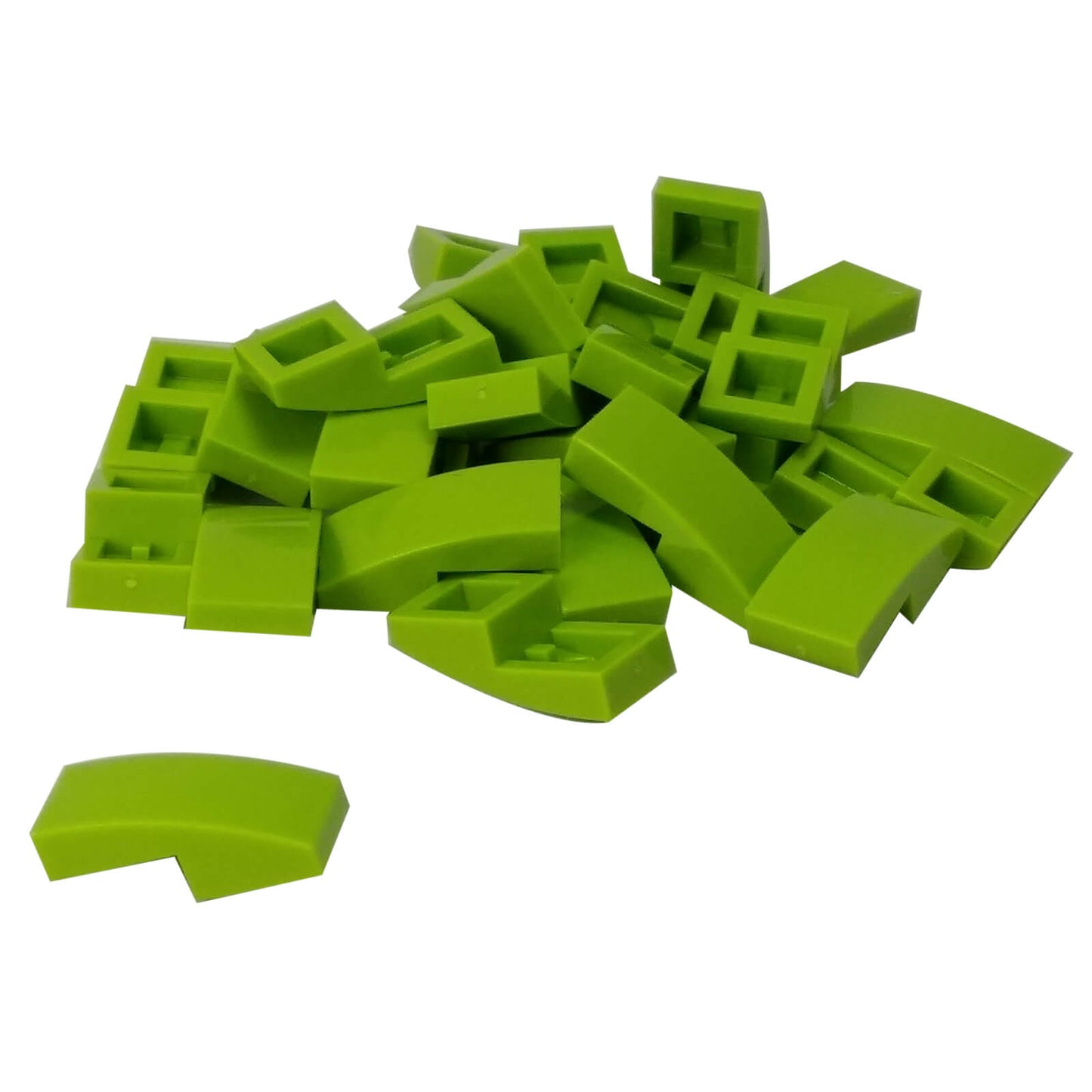 LEGO Curved Slope 2 x 1 x 2/3 part 11477 shown from top and underside lime