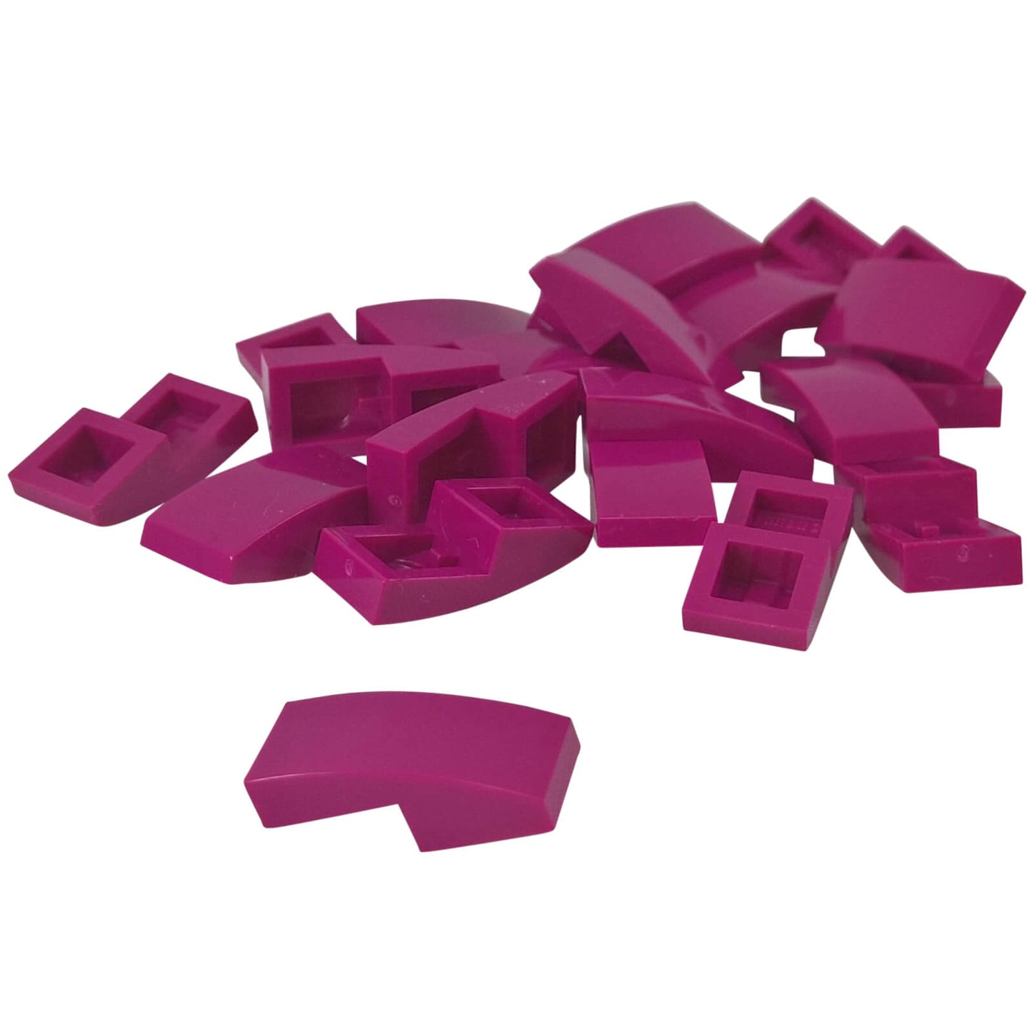 LEGO Curved Slope 2 x 1 x 2/3 part 11477 shown from top and underside magenta