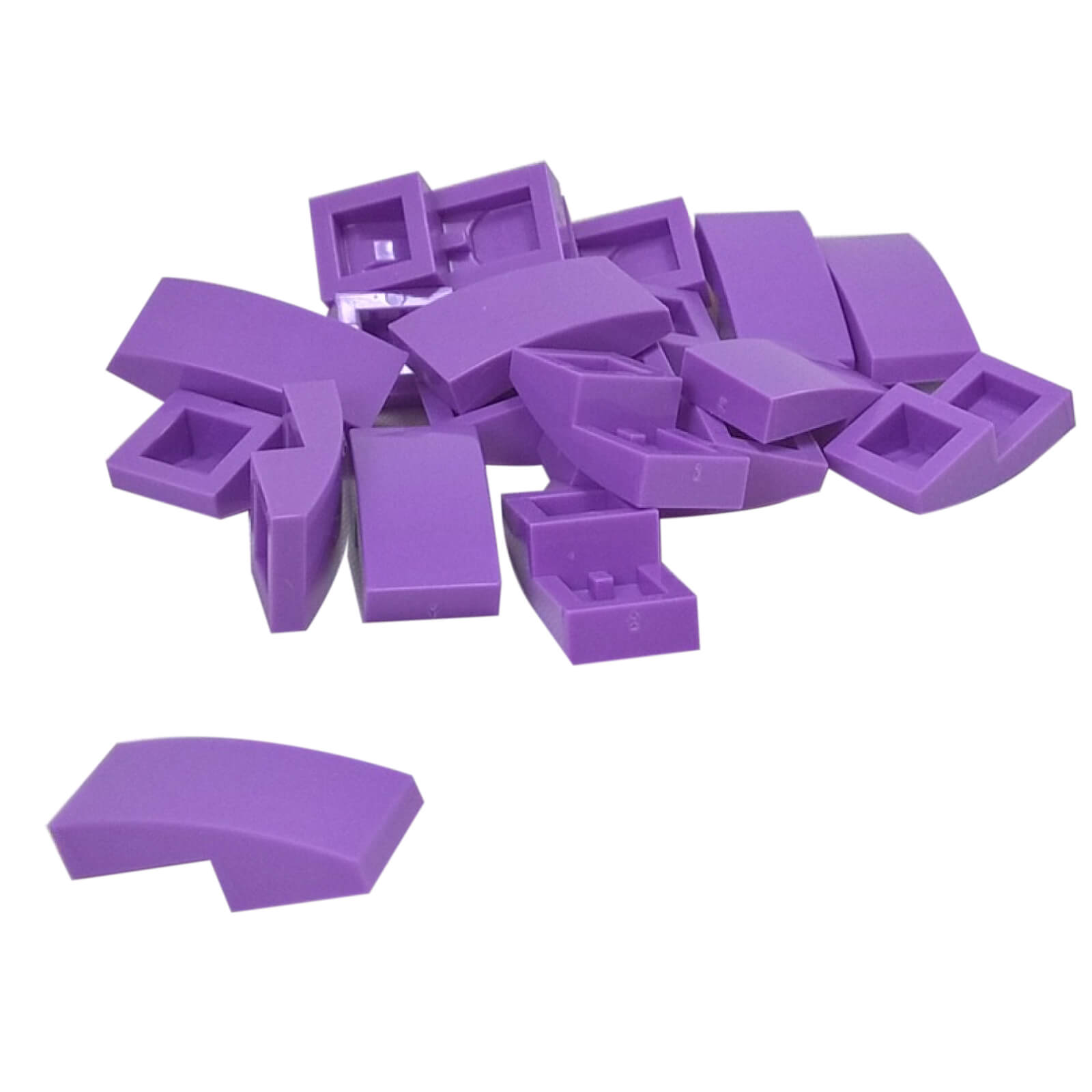 LEGO Curved Slope 2 x 1 x 2/3 part 11477 shown from top and underside medium lavender