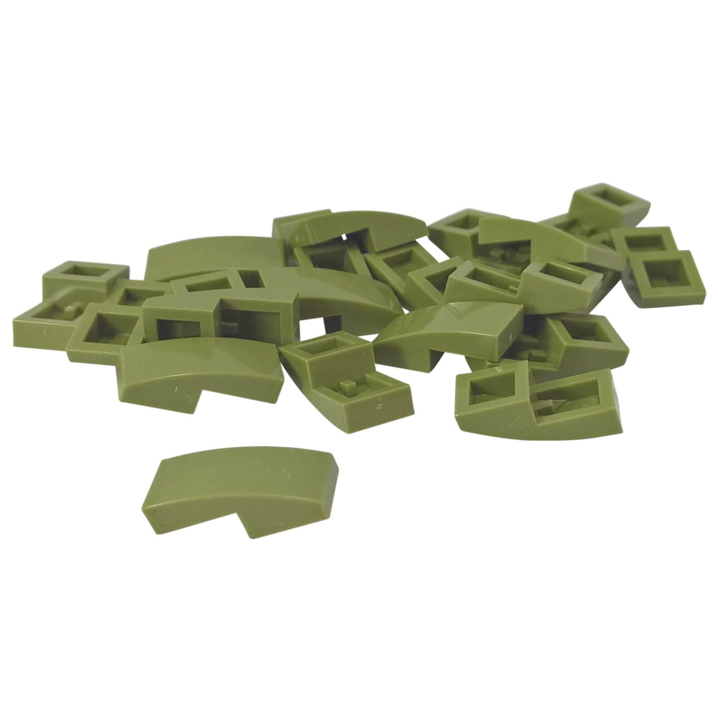 LEGO Curved Slope 2 x 1 x 2/3 part 11477 shown from top and underside olive green