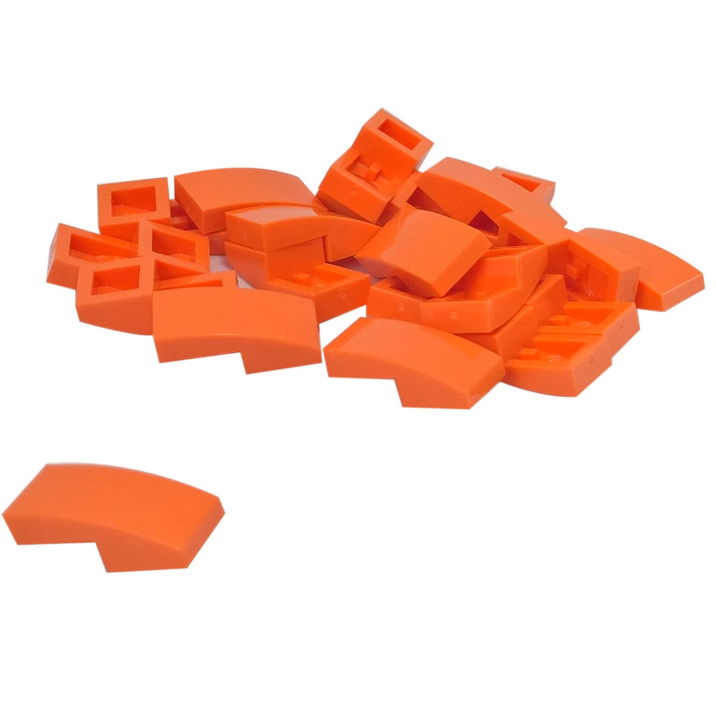 LEGO Curved Slope 2 x 1 x 2/3 part 11477 shown from top and underside orange