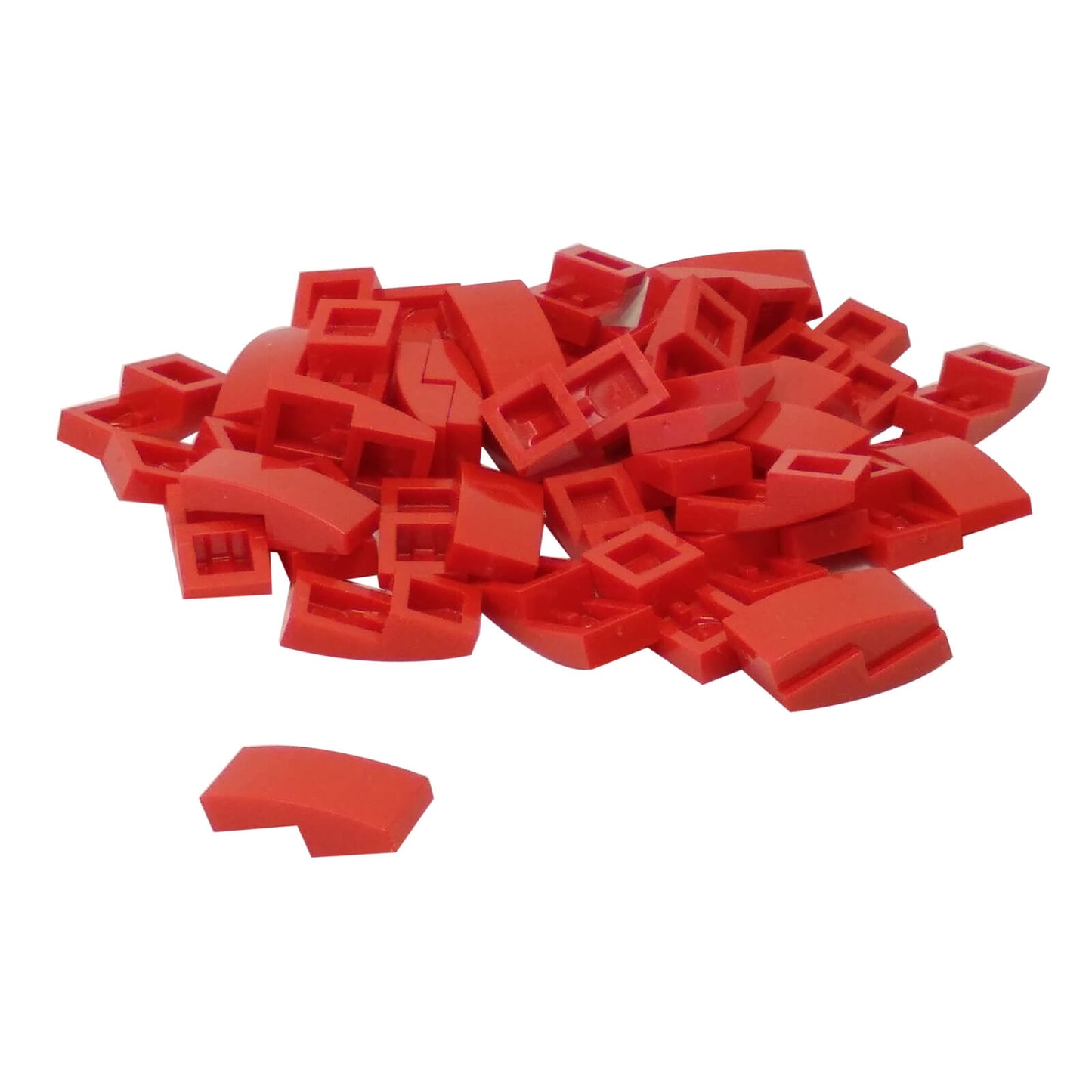 LEGO Curved Slope 2 x 1 x 2/3 part 11477 shown from top and underside red