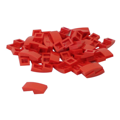 LEGO Curved Slope 2 x 1 x 2/3 part 11477 shown from top and underside red