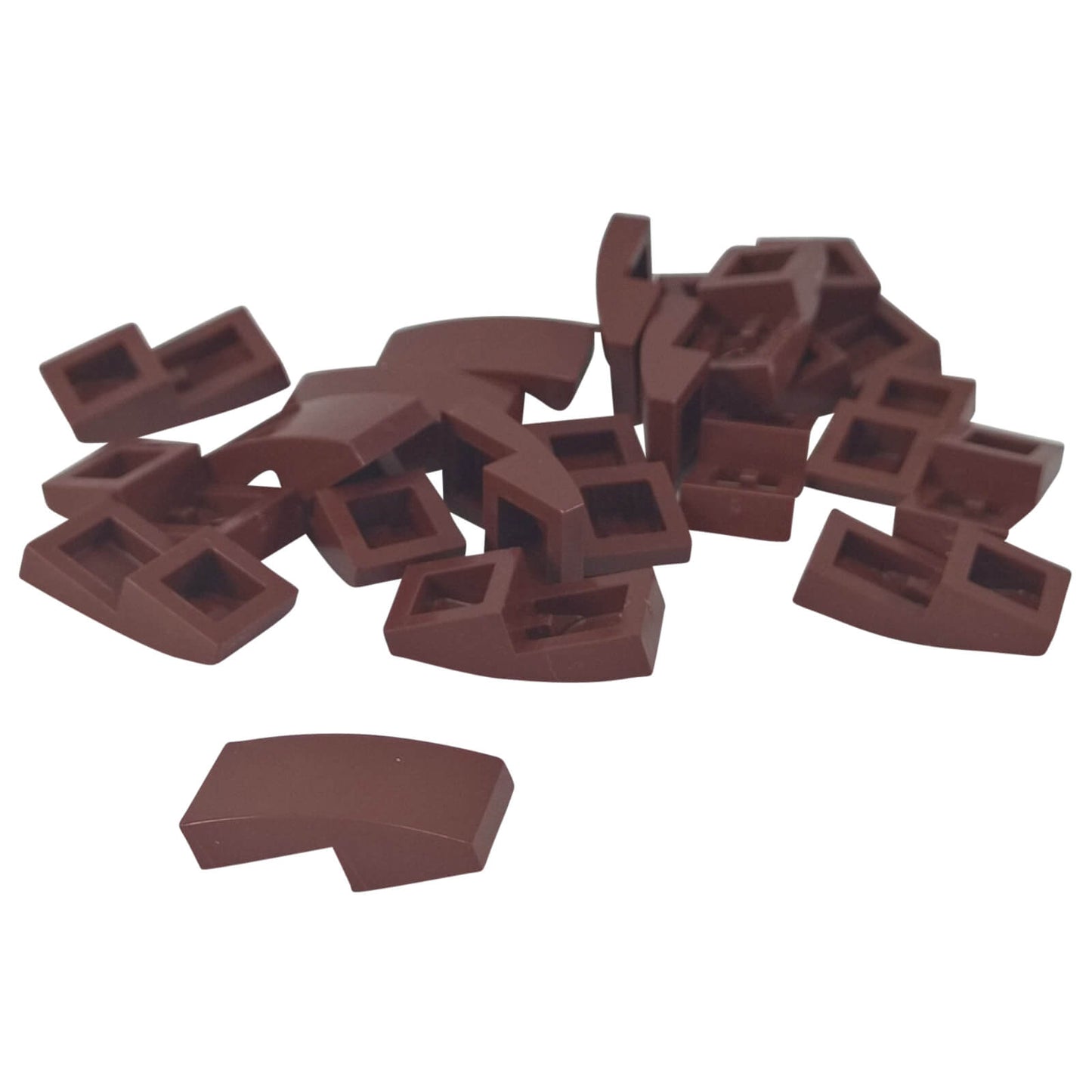 LEGO Curved Slope 2 x 1 x 2/3 part 11477 shown from top and underside reddish brown