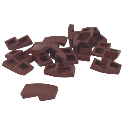 LEGO Curved Slope 2 x 1 x 2/3 part 11477 shown from top and underside reddish brown
