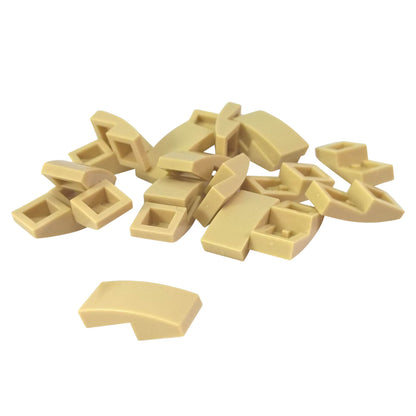 LEGO Curved Slope 2 x 1 x 2/3 part 11477 shown from top and underside tan