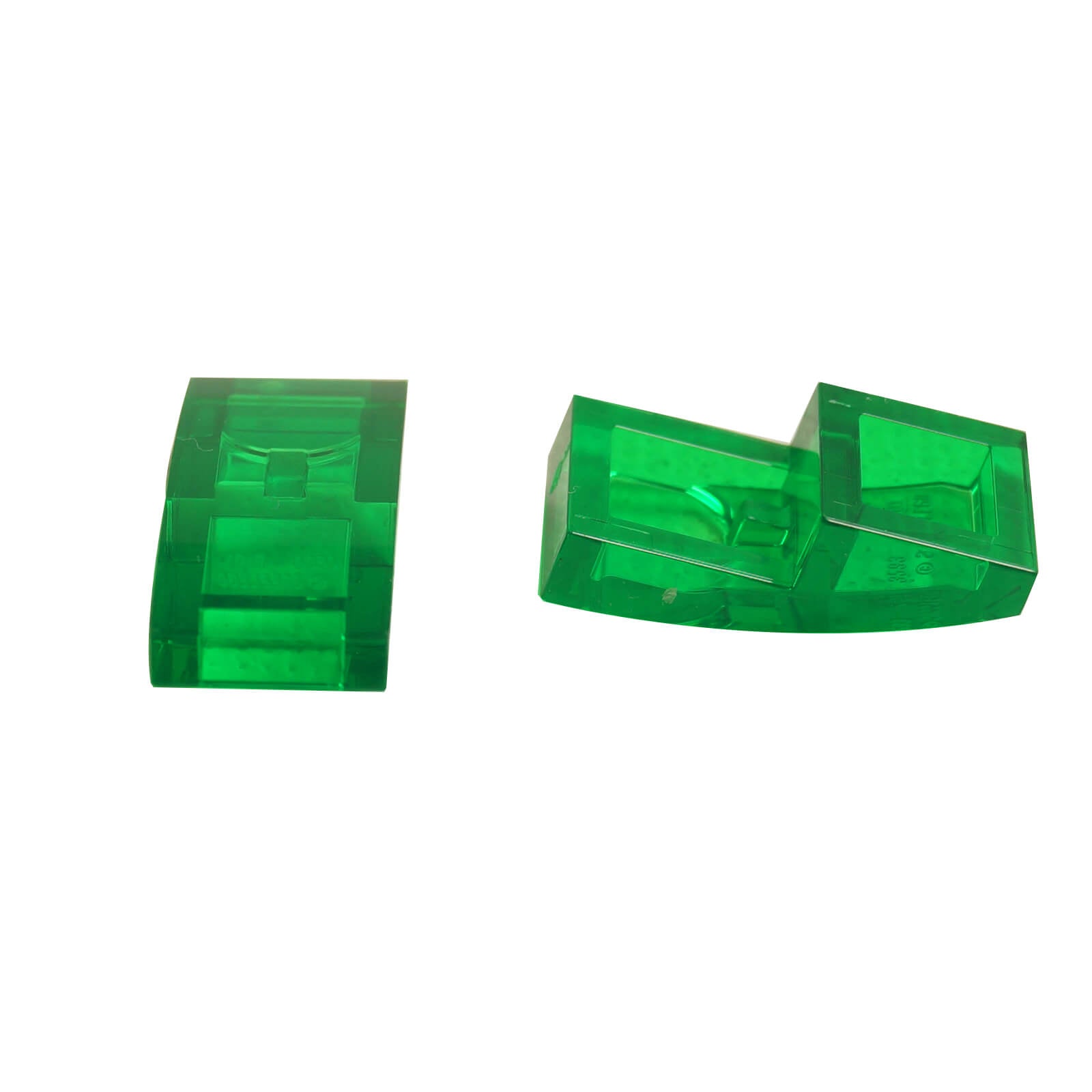 LEGO Curved Slope 2 x 1 x 2/3 part 11477 shown from top and underside trans-green