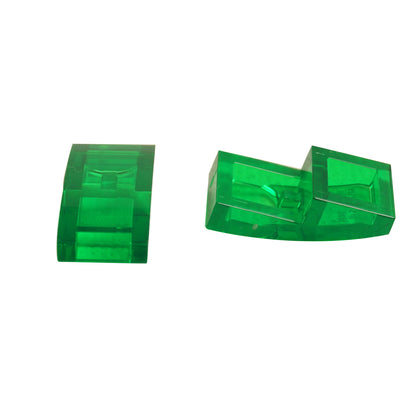 LEGO Curved Slope 2 x 1 x 2/3 part 11477 shown from top and underside trans-green