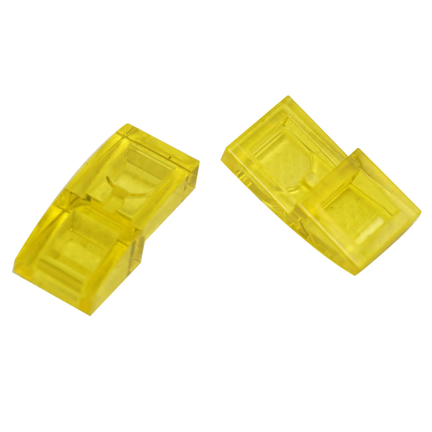 LEGO Curved Slope 2 x 1 x 2/3 part 11477 shown from top and underside trans-yellow