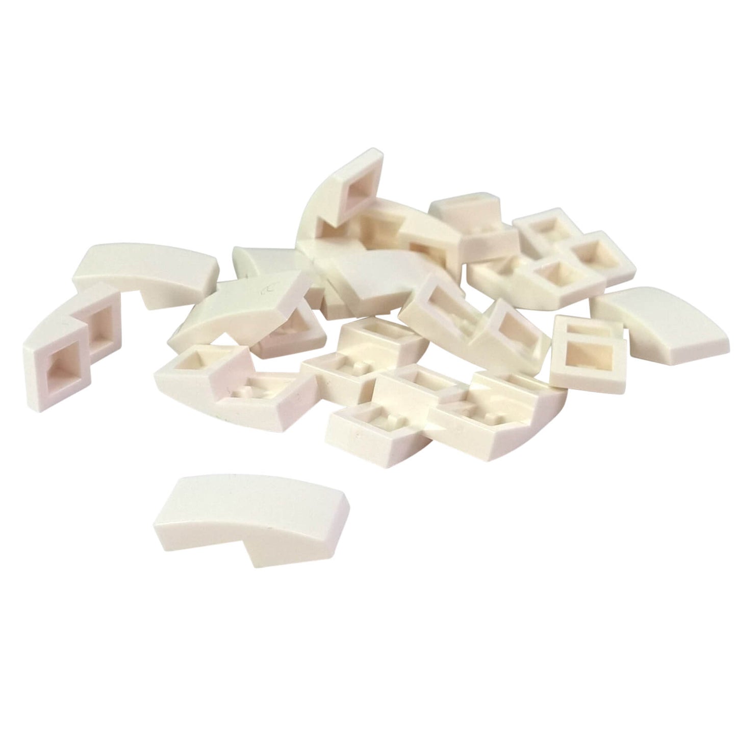LEGO Curved Slope 2 x 1 x 2/3 part 11477 shown from top and underside white