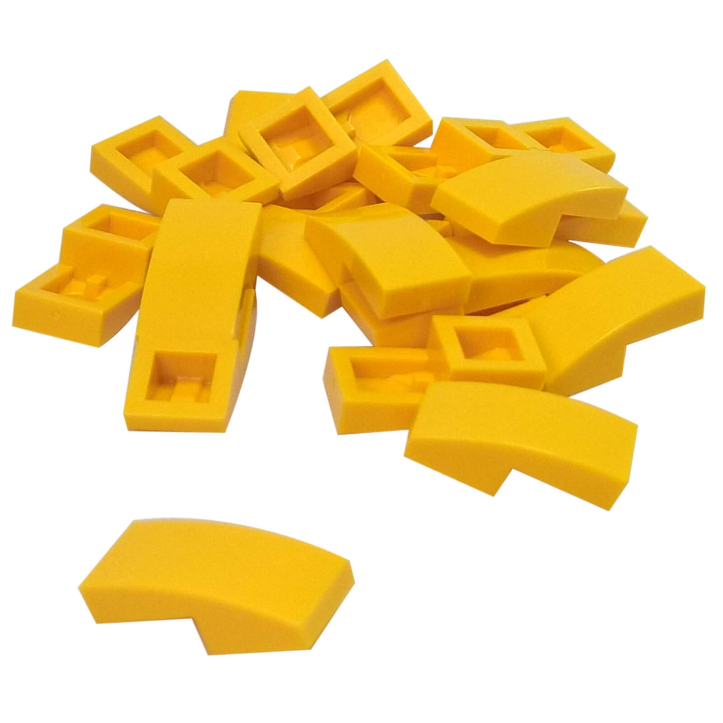LEGO Curved Slope 2 x 1 x 2/3 part 11477 shown from top and underside yellow