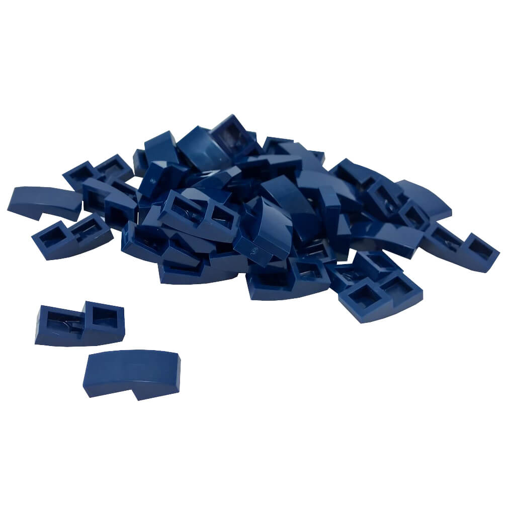 LEGO Curved Slope 2 x 1 x 2/3 part 11477 shown from top and underside dark blue