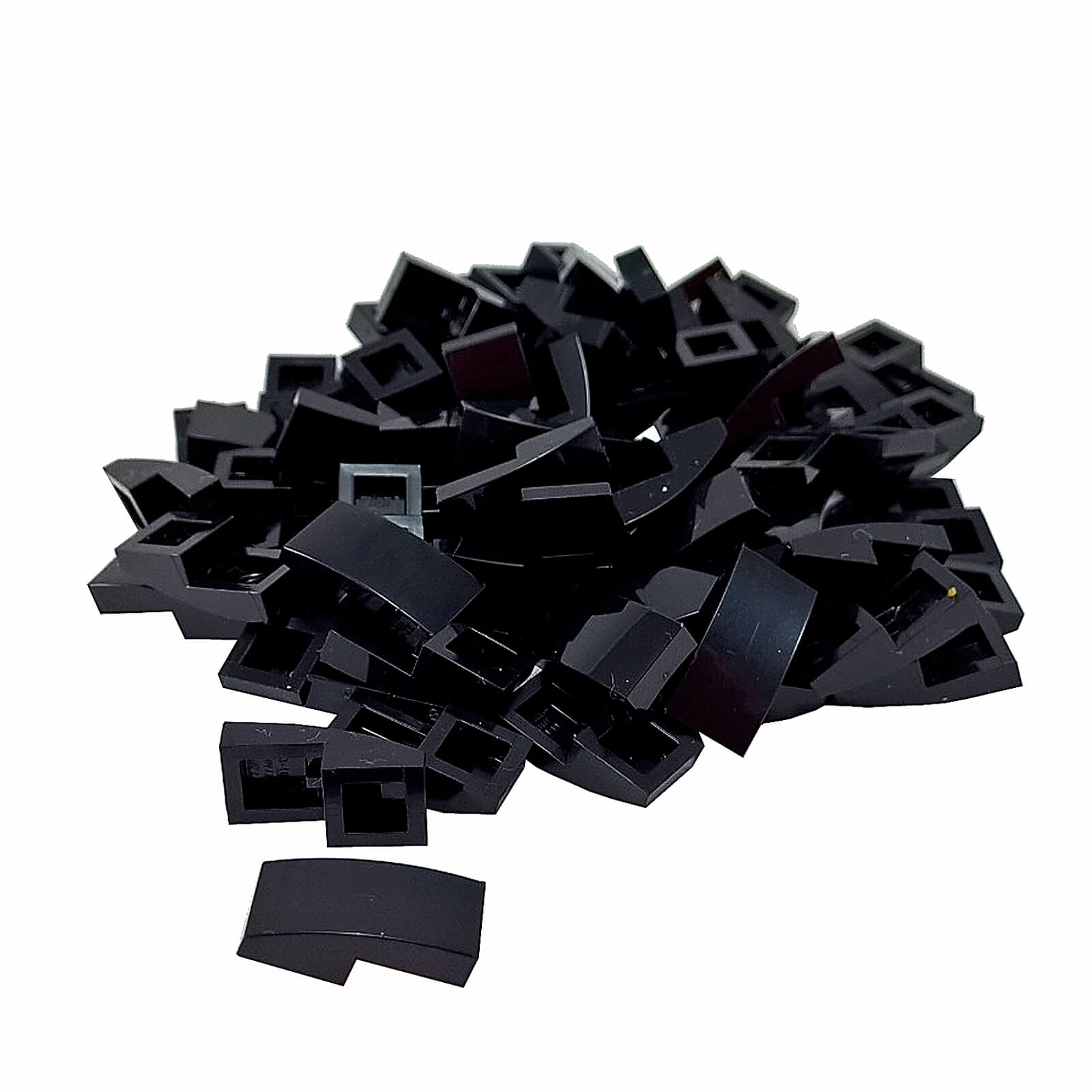 LEGO Curved Slope 2 x 1 x 2/3 part 11477 shown from top and underside black