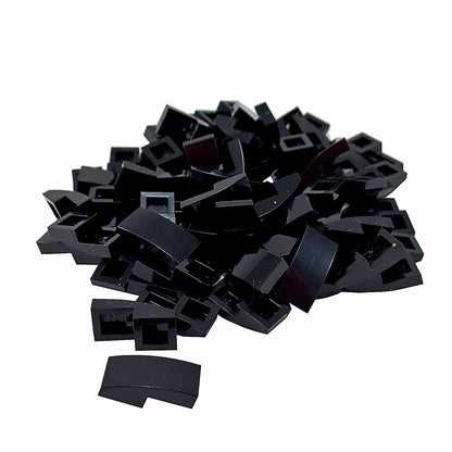 LEGO Curved Slope 2 x 1 x 2/3 part 11477 shown from top and underside black
