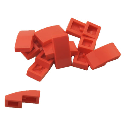 LEGO Curved Slope 2 x 1 x 2/3 part 11477 shown from top and underside coral