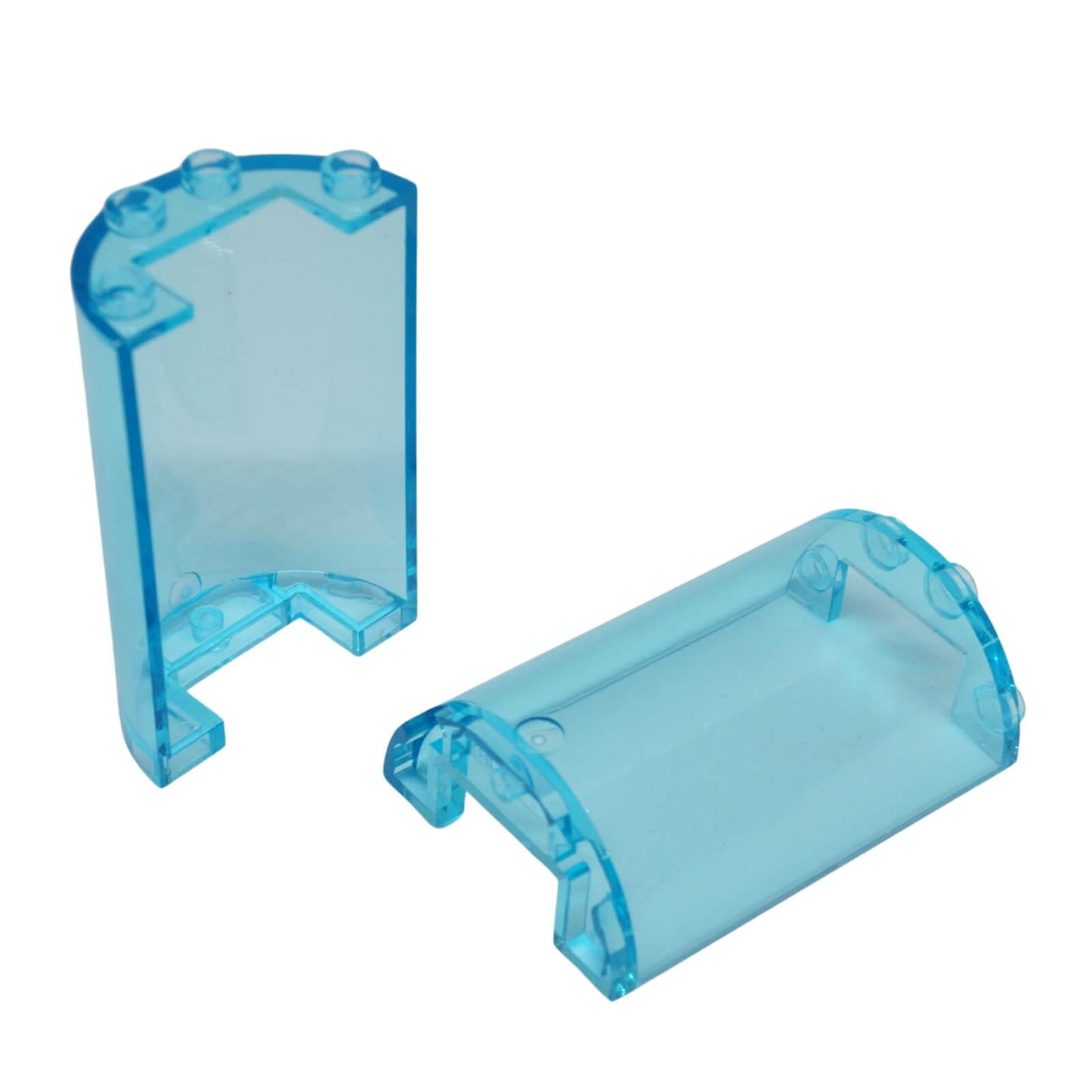 Transparent light blue LEGO Cylinder Half 2 x 4 x 5 with 1 x 2 Cutout part 85941 shown from front and underside angles