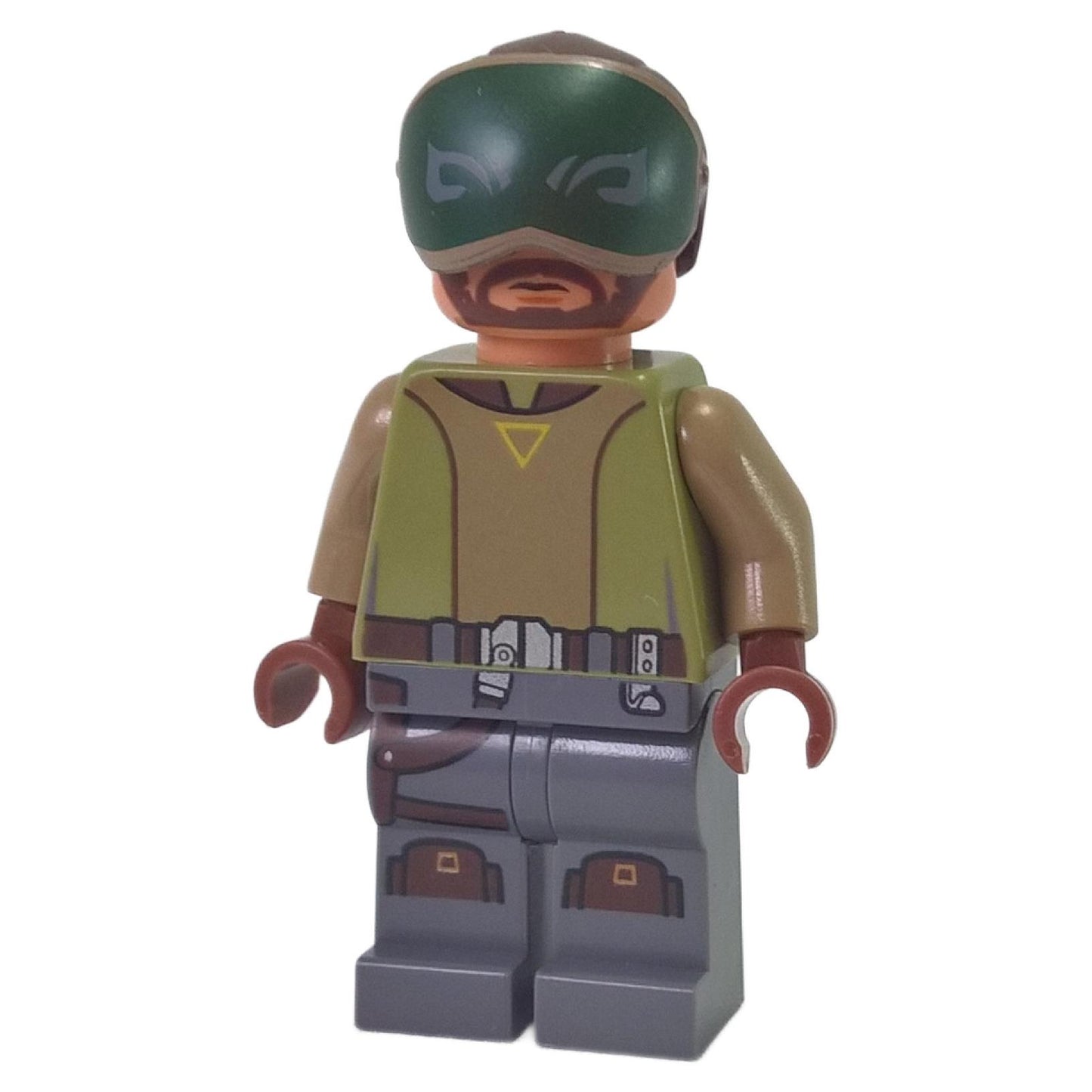 LEGO® Star Wars™ Kanan Jarrus – Blind minifigure (sw0817) front view, featuring green tunic print, tan arms, gray utility belt, and green visor over eyes. Displayed on a white background.  