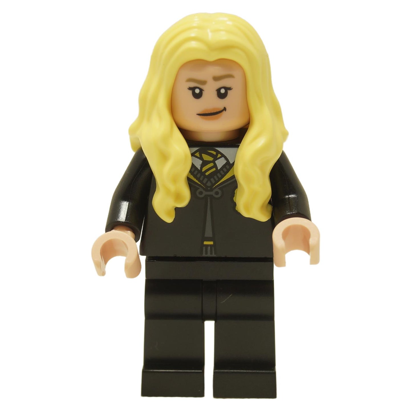 Close-up of LEGO® Hannah Abbott minifigure with dual facial expressions, wearing Hufflepuff school robes and long wavy blonde hair