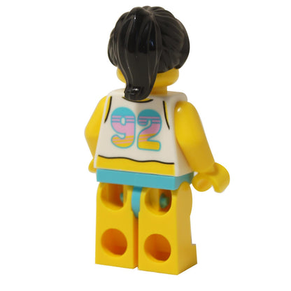 Back view of LEGO Beach Bae minifigure displaying "92" graphic printed on the back of her tank top.
