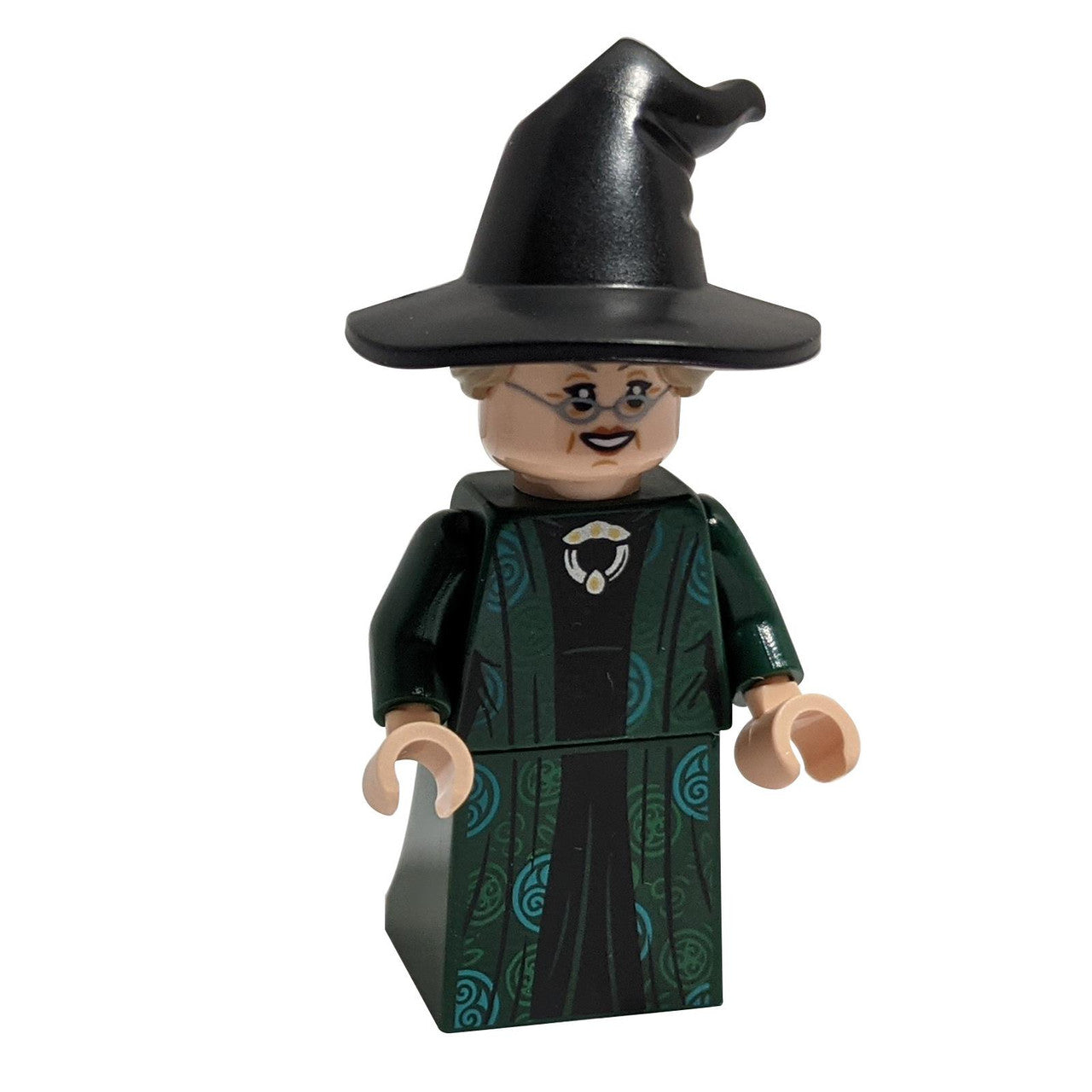 LEGO® Minifigure of Professor McGonagall wearing dark green robes, matching cape, and a hat with molded hair