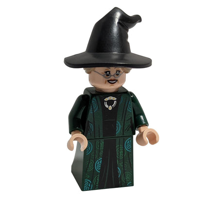LEGO® Minifigure of Professor McGonagall wearing dark green robes, matching cape, and a hat with molded hair