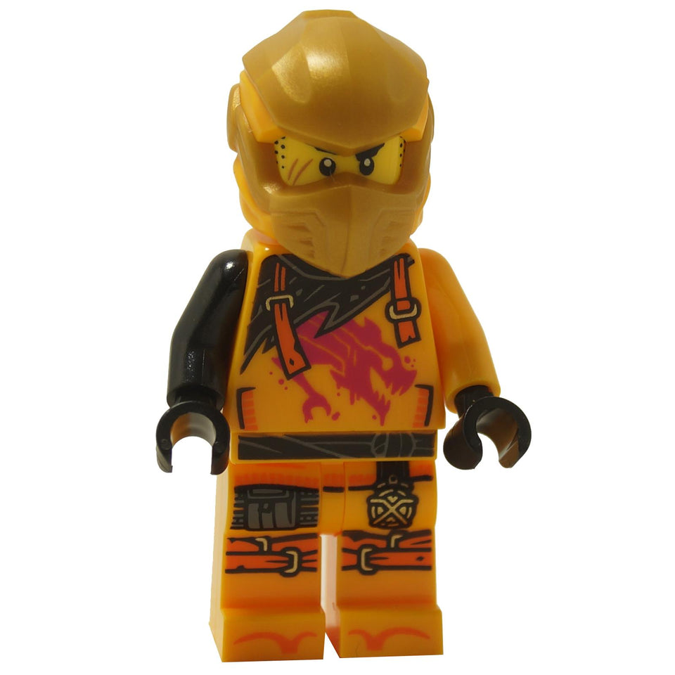 Front view of the LEGO® NINJAGO Arin minifigure (njo0921) wearing a golden helmet, orange and magenta dragon-printed suit, and black arm detail.