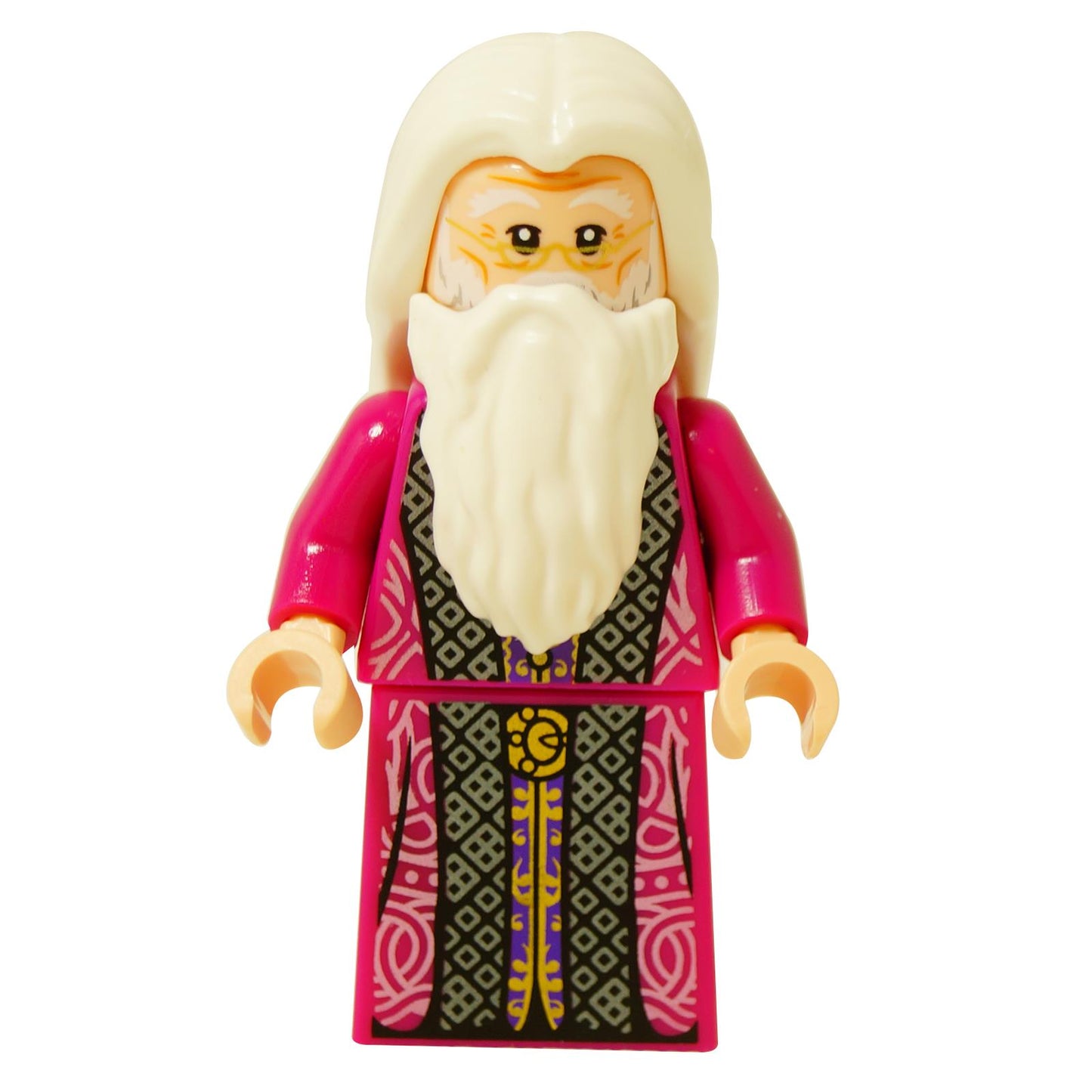 Vista frontal de la minifigura LEGO Dumbledore (hp303) con una túnica magenta brillante con impresión detallada y larga barba/cabello blanco.