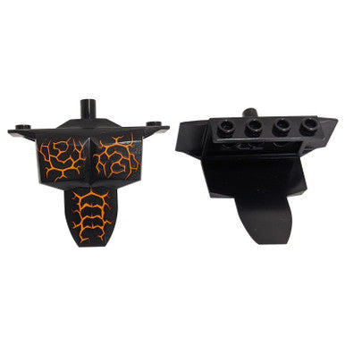 LEGO Sparkks torso armor, black with orange cracks, front and back views
