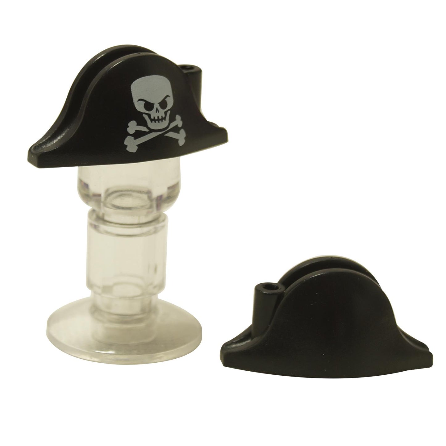 Noir chapeau bicorne de pirate avec un grand motif de crâne, vue de face de l'équipement de tête de minifigure