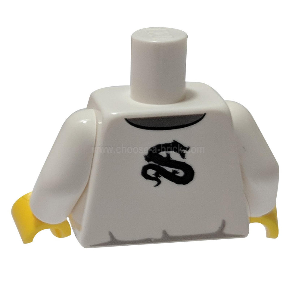Torso Branco Ninjago Dragão Fechos e Laços Vermelhos na Frente e Padrão de Dragão nas Costas - Braços Brancos - Mãos Amarelas 