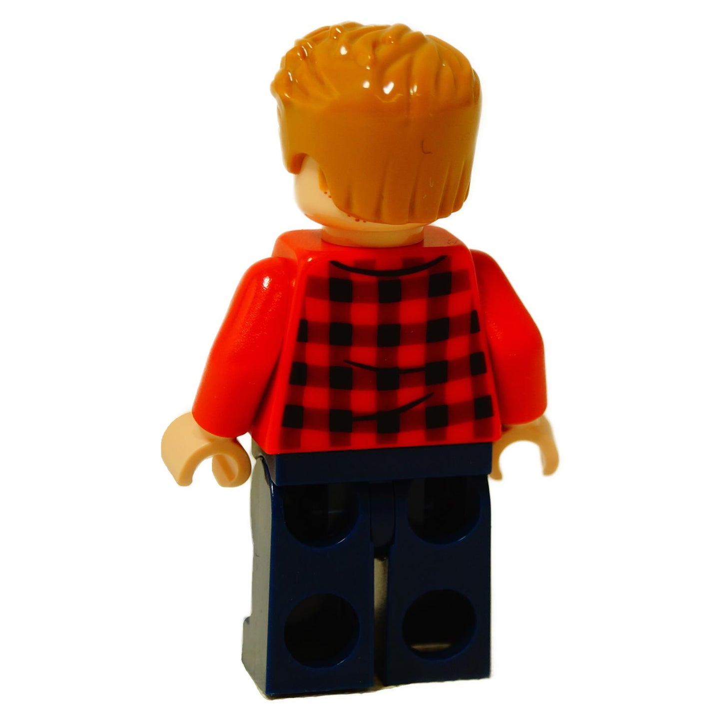 Back view of LEGO Owen Grady minifigure showing the red and black buffalo plaid printing on the back of his shirt.