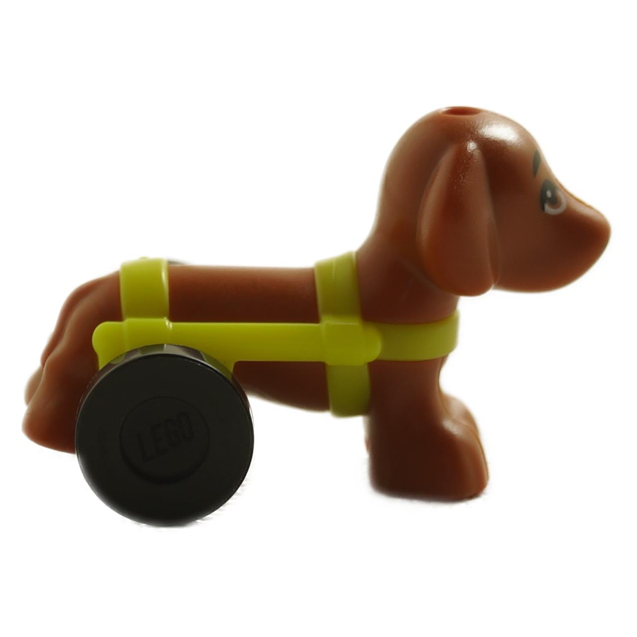 Brown dachshund dog figure with lime green wheelchair frame and black rear wheel, character Pickle