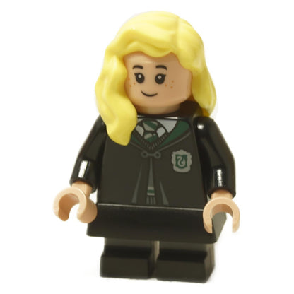 LEGO® Daphne Greengrass minifigure hp487 with long blonde hair and Slytherin uniform, smiling expression with freckles close-up view