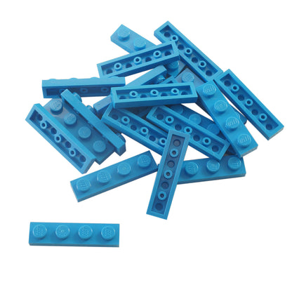 Dark azure 1x4 plate building piece with four studs for detailed minifigure scale builds
