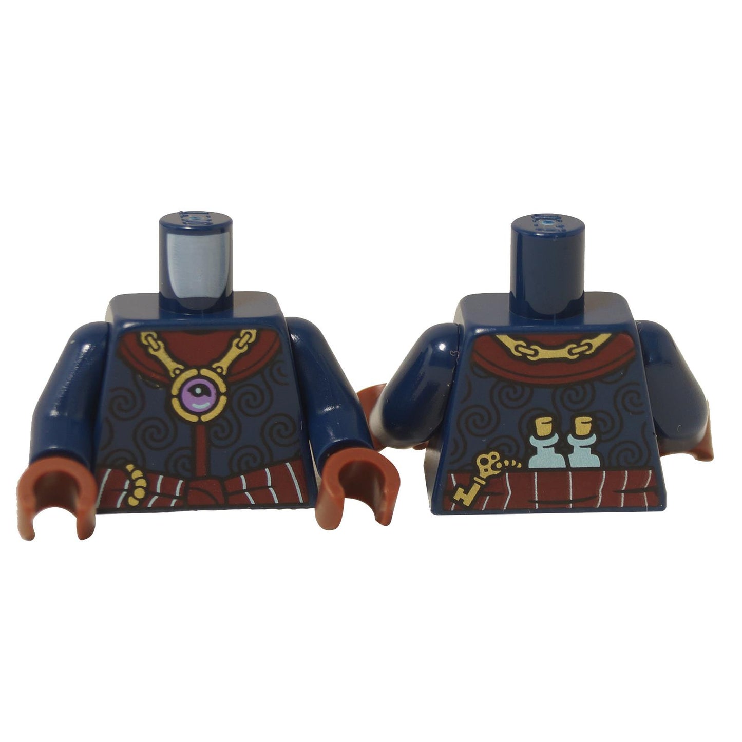 LEGO® dark blue minifigure torso with gold necklace, potion bottles, and belt details on front and back.