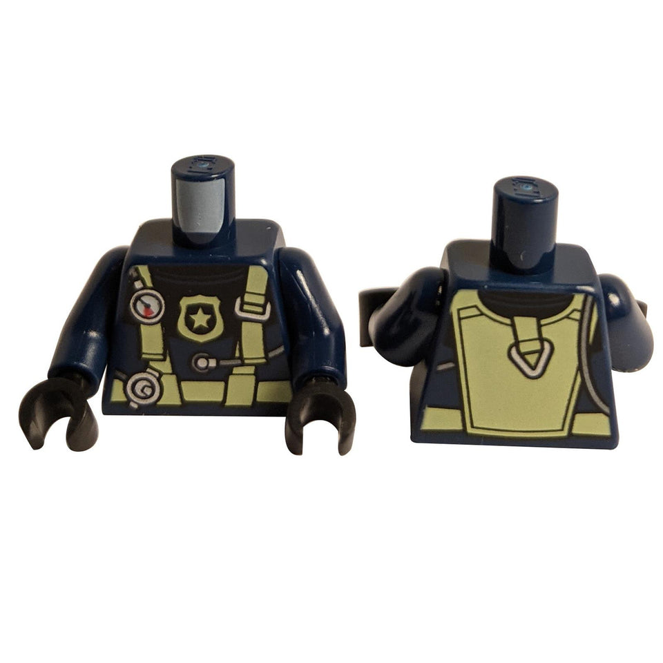 dark blue lego minifigure diving suit torso yellow green harness police badge regulator 973pb4194c01
