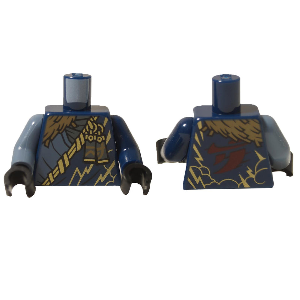 LEGO® Ninjago Jay Dragons Rising Torso (973pb5976c01) con impresión de rayos dorados, mostrando vistas frontal y trasera.