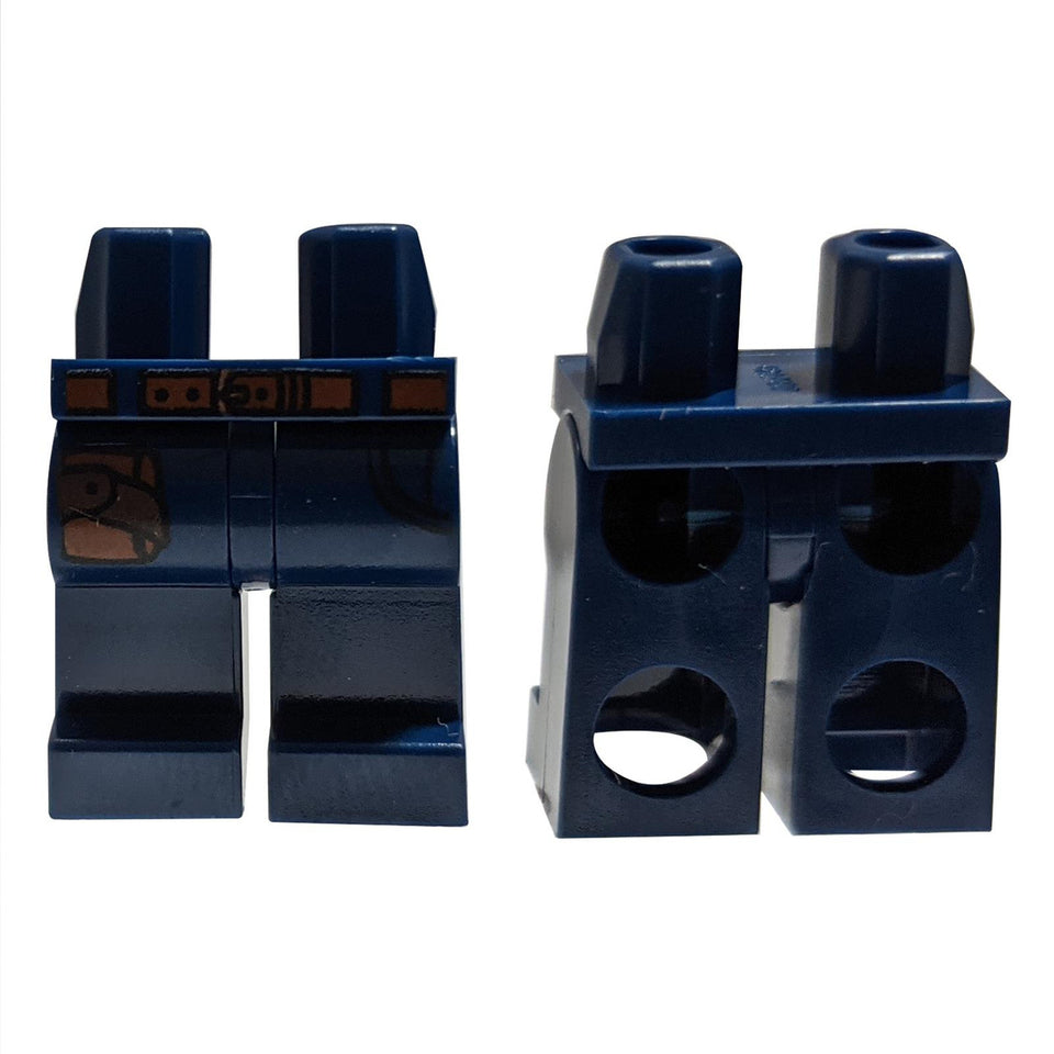 LEGO dark blue minifigure legs 970c00pb0821 with reddish brown belt and right-side holster