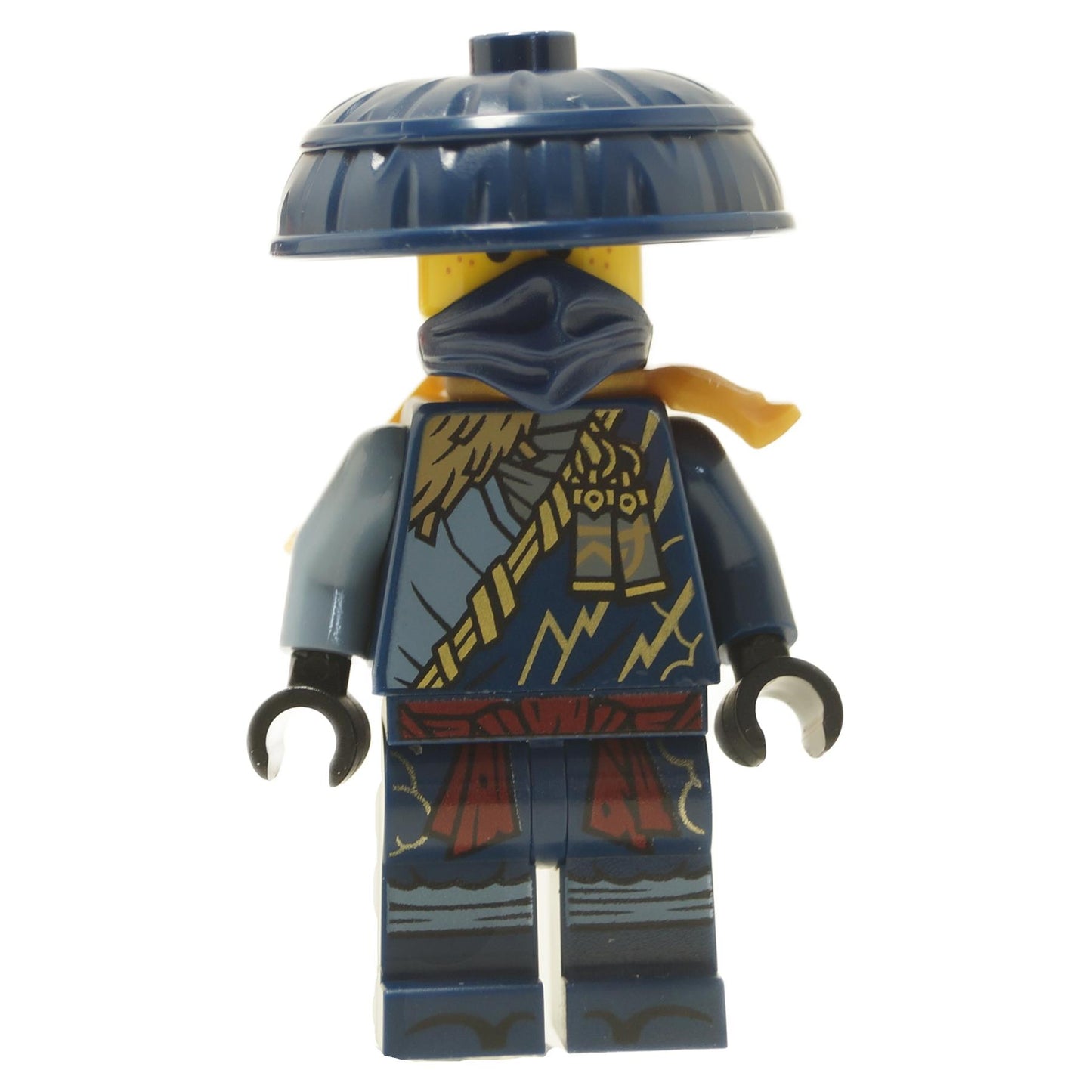 Dark blue ninja minifigure with wide conical hat, face mask, rope detail torso and dark blue legs

