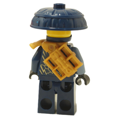 Dark blue ninja minifigure back view with wide conical hat and pearl gold sword scabbard
