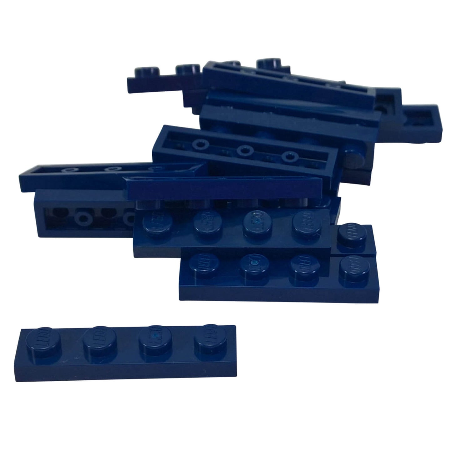 Dark blue 1x4 plate building piece with four studs for detailed minifigure scale builds
