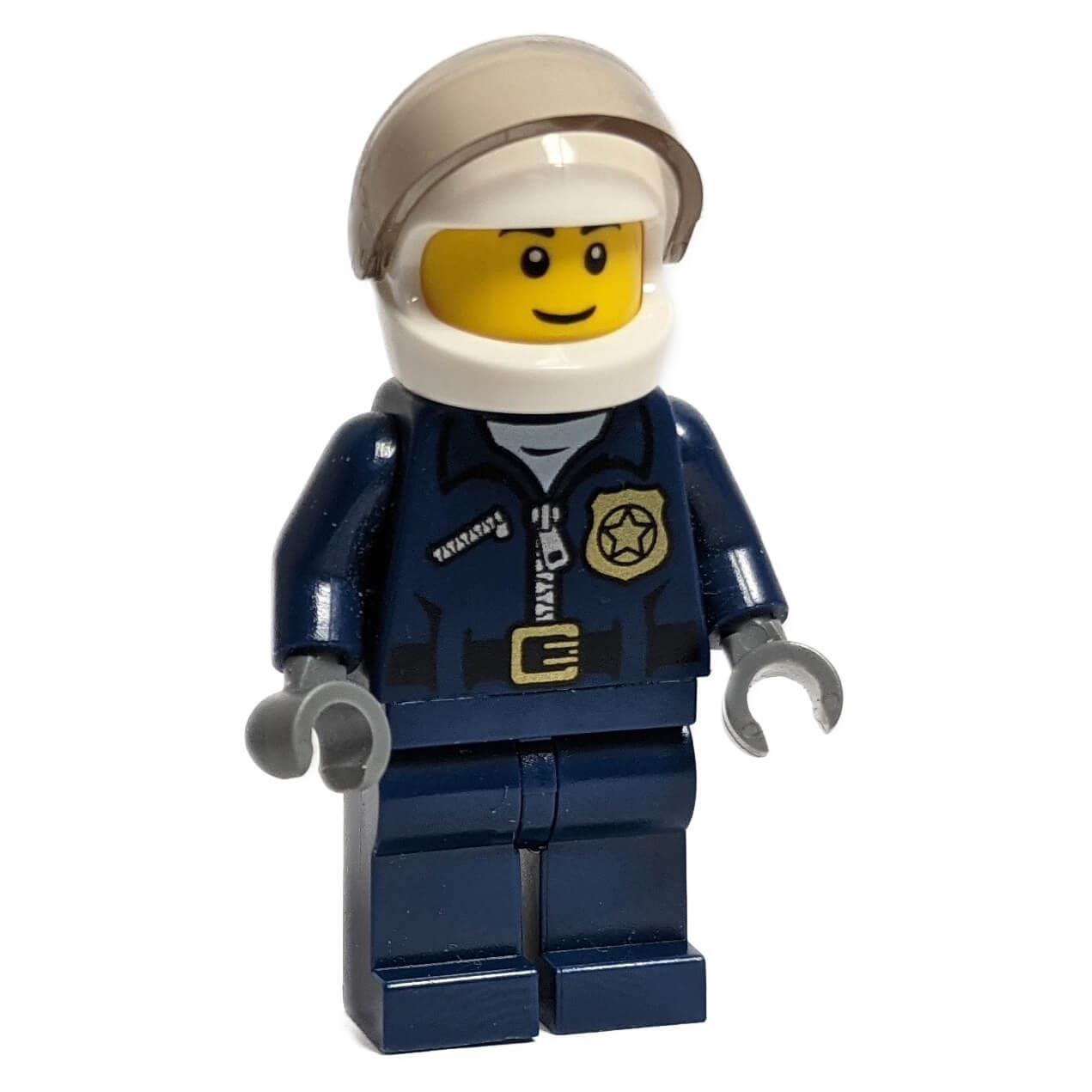 Police helicopter pilot minifigure with dark blue uniform and white visor helmet
