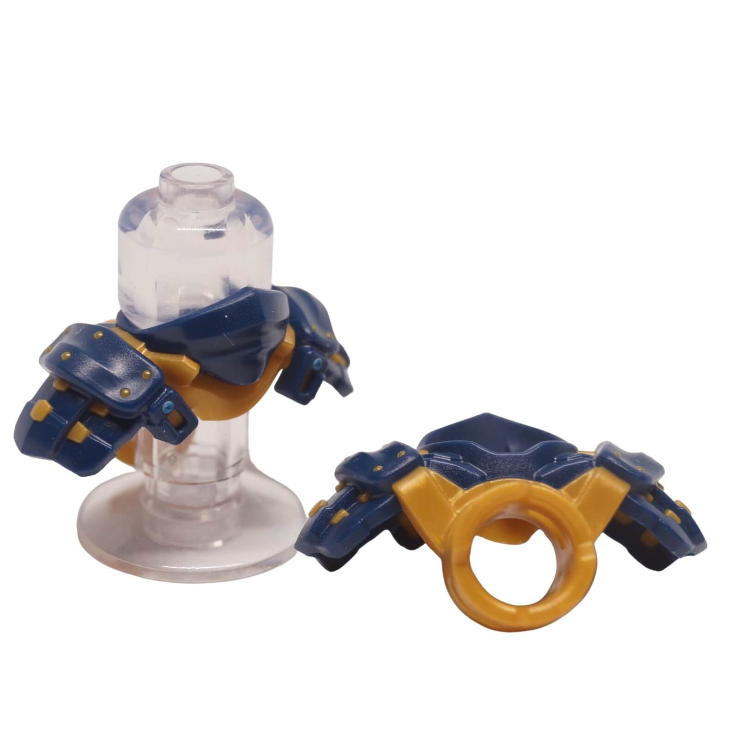 Dark blue shoulder armor piece with dual katana sword scabbards for minifigure back attachment

