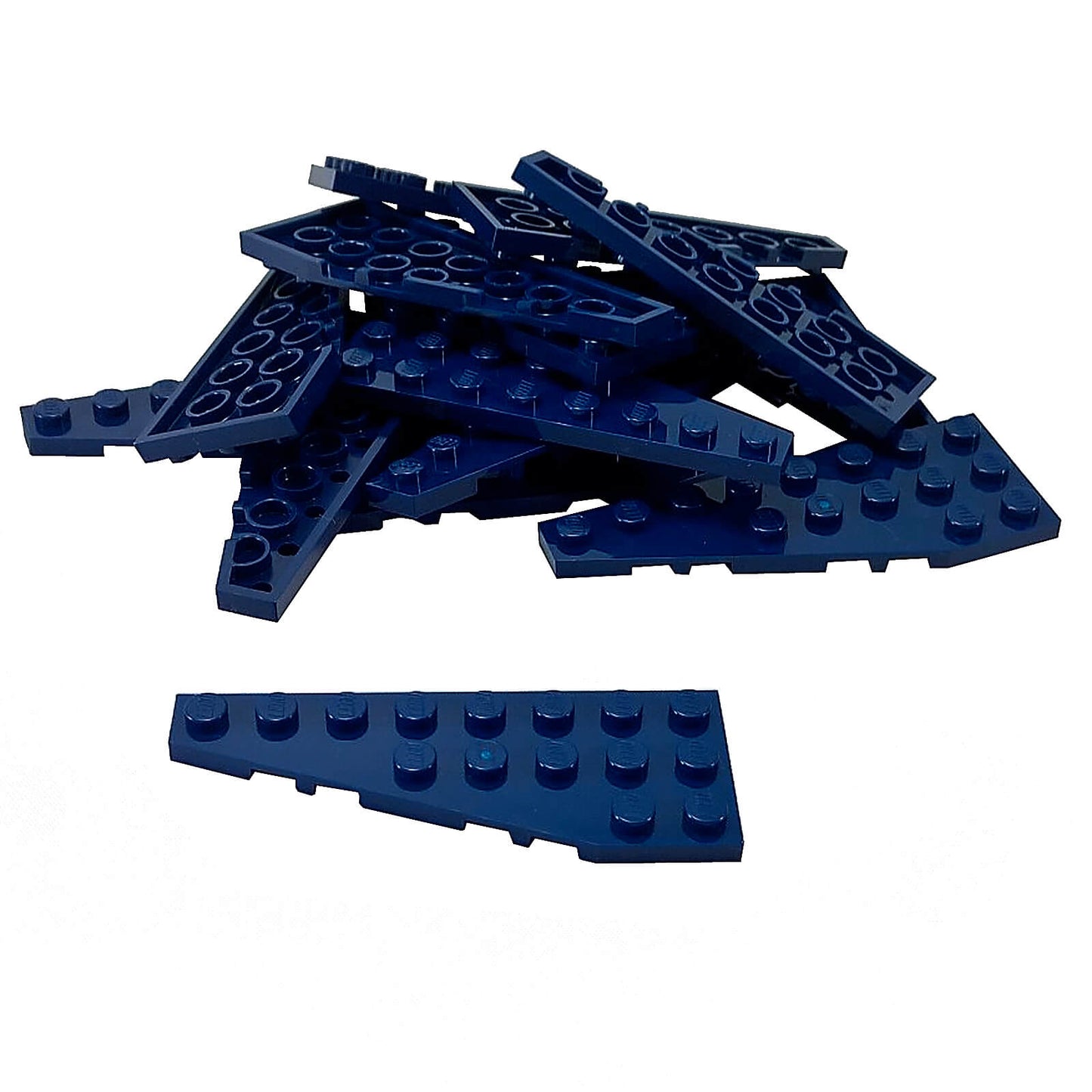 Group of dark blue LEGO Wedge Plate 8x3 Left pieces (50305) stacked loosely, one piece separate.
