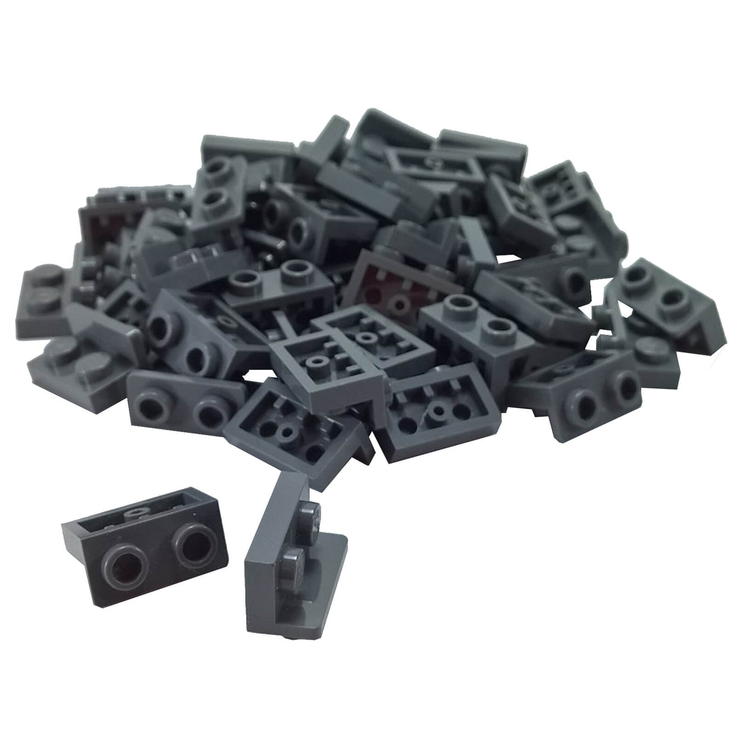 Dark bluish gray inverted bracket 1 x 2 - 1 x 2 part 99780, offset building element for compact SNOT construction
