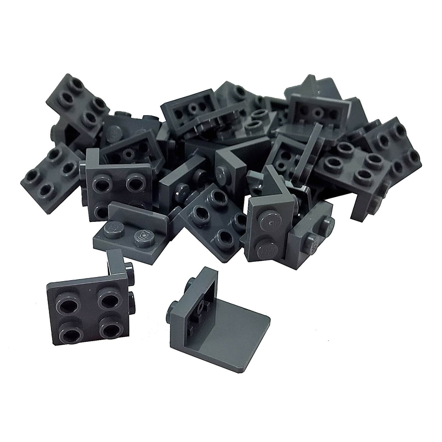 Pile of dark bluish-gray LEGO Bracket 1x2 - 2x2 pieces (44728) in a jumbled stack.