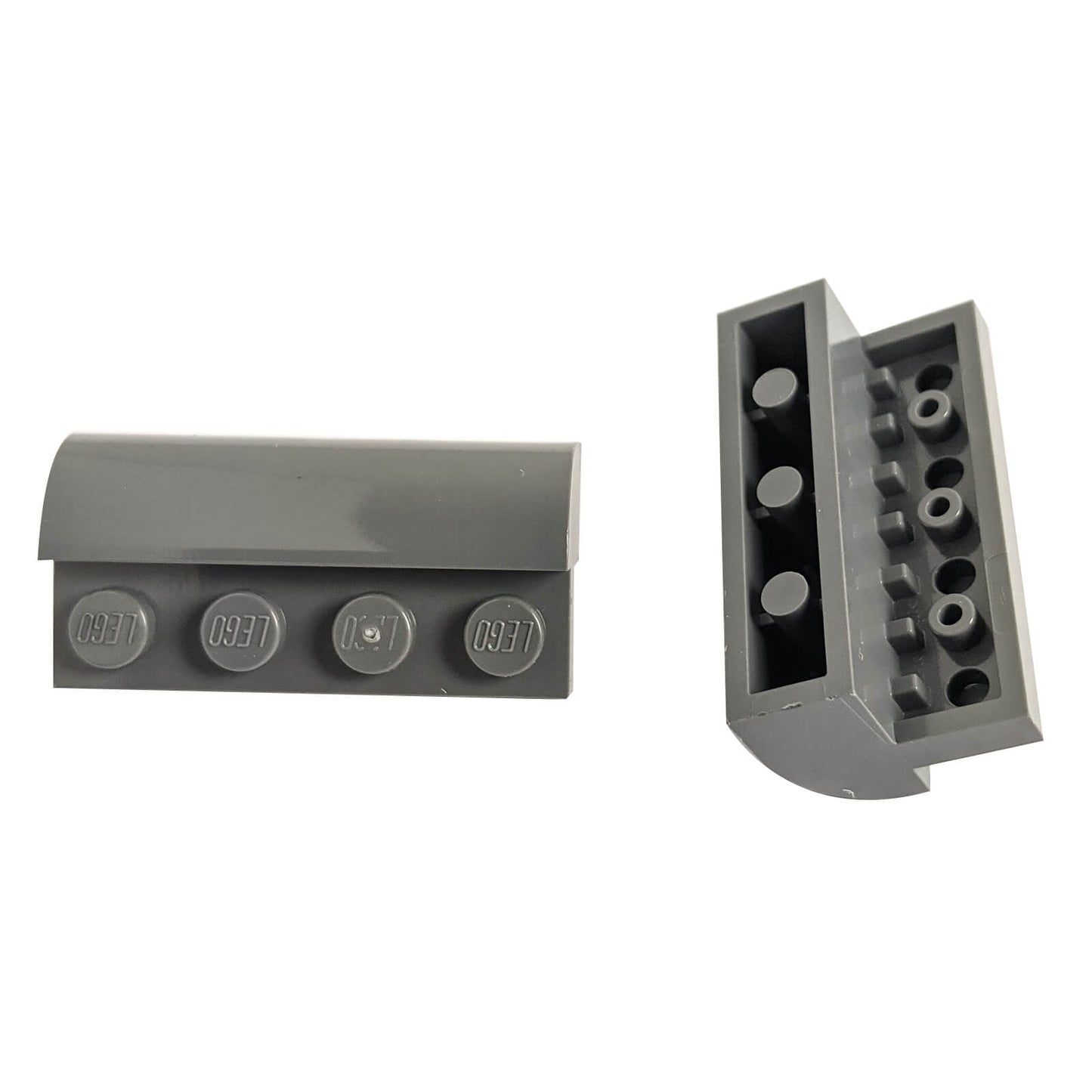 Dark bluish gray curved 2x4 slope with recessed studs (6081) for smooth shaping, roofs, and vehicle builds
